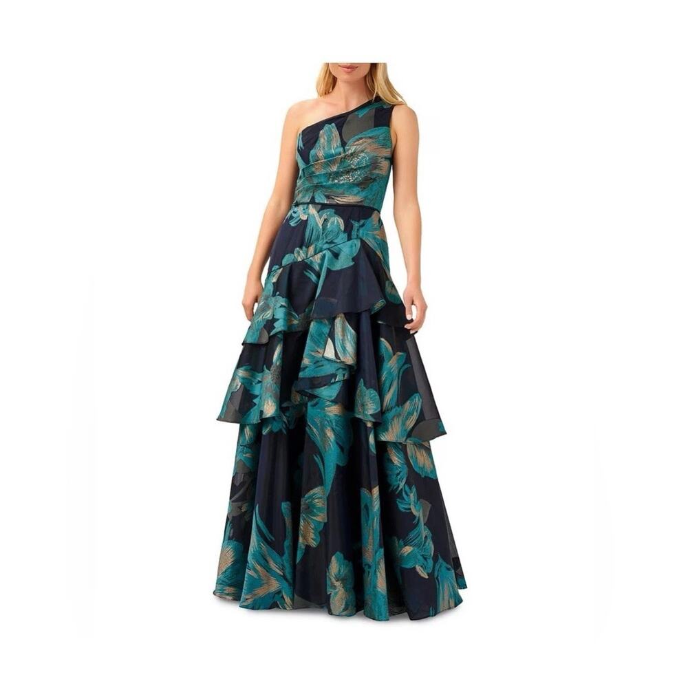 NWT Aidan Mattox One Shoulder Tiered Ruffle Abstract Floral Print Dress size 10